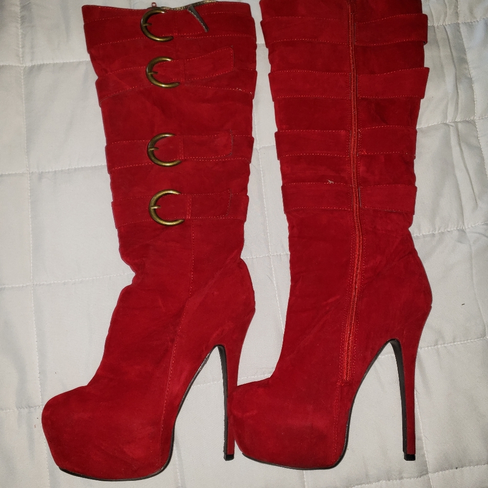 BRIGHT RED ROUND TOE CALVE HIGH HEEL FAUX SUEDE BOOTS